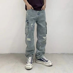Threebooy Multi-pocket hole high-end heavy washing loose tide men's straight pants casual fall sense of work Motorcycle personality pants