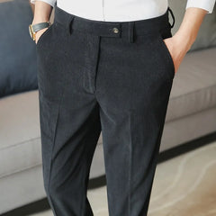 Threebooy Men's Luxury Corduroy Button-down Naples Slim-fit Suit Pants Casual Solid Color Straight Premium Elegant Dress Pants Spring