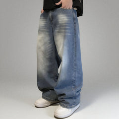Threebooy Summer Men's Denim Pants Old Blue Washed Male Baggy Jeans Four Seasons Straight Casual Menwear Loose Wide Leg Trousers Fashion