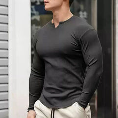 Threebooy Threaded Bottoming Shirt Sports Long-Sleeved Fitness Solid Color T-Shirt Training Striped Top Mens V-Neck Elastic Gym Clothing