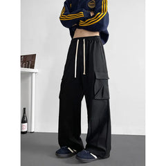 Threebooy Spring Unisex Loose Wide Leg Cargo Pants Elastic Waist Side Pocket Workwear Casual Wear Trendy Men Women Outdoor Comfort Pleats