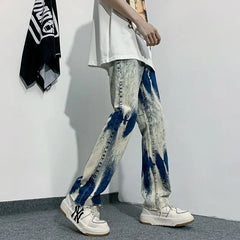 Threebooy Tie-dye Jeans Men Ins High Street Design Pants Trendy Brand Loose Straight Trousers