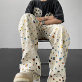 Threebooy Cotton Casual Pants Men Fashion Retro Colored Plaid Pants Men Streetwear Hip-hop Loose Hollow Out Pants Mens Hole Trousers M-3XL