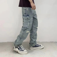 Threebooy Multi-pocket hole high-end heavy washing loose tide men's straight pants casual fall sense of work Motorcycle personality pants