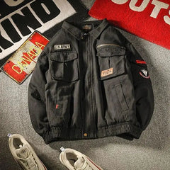 Threebooy Jacket Men's Spring Autumn Tooling Multi-Pocket Casual Zipper Buttons Turndown Collar Loose Air Force Pilot Jackets Coat