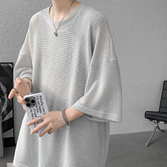 Threebooy Base shirt Men Summer Oversized Half Sleeve T-Shirt Semi Transparent Perforated Breathable Streetwear Casual Comfort Tee