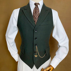 Threebooy Men Vest Mossy Green Herringbone With Lapel Single Button Waistcoat For Wedding Party Business Work Daily Casual Men Suit Vest