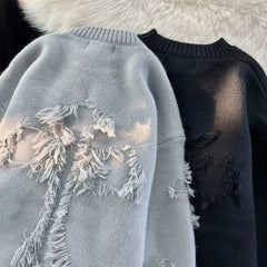 Threebooy Hip Hop Casual Broken Cross Sweater Men's Fashion Design Sense Casual Trend Coat Winter Loose Thickened Lazy Style Knitwear
