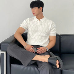 Threebooy Summer Clothing Men's Light Luxury Knitted Jacquard Polo Shirt V-Neck Solid Color Short-sleeved Korean Popular Leisure Knitwear