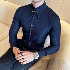 Threebooy Solid Color Shirts Men Dress Vertical Shirts Slim Men Casual Business Long Sleeve Shirt Male Chemise Homme Tuxedo Shirt 4XL-M
