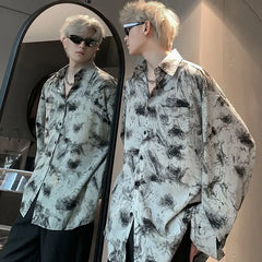 Threebooy Tie-dye Retro Long-sleeved Floral Shirts for Men and Women Handsome High-end Shirts Niche Design Jackets Shirts