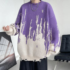 Threebooy Creative Destruction Design Round Neck Knitted Sweater Men's Plus Size Loose Fashion Label Lazy Couple Pullover Top hombre