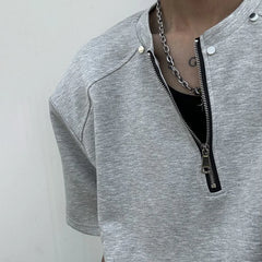 Threebooy Mens T-Shirt Half Zip Casual T-Shirt Fashion American Streetwear Solid Color Simple Leisure Short Sleeve Top Men'S Clothing