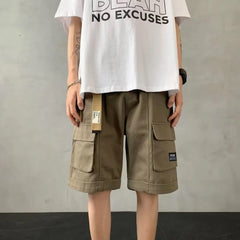 Threebooy Men Cargo Shorts Streetwear Unisex Hip Hop Elastic Waist Short Pants