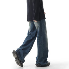 Threebooy Autumn Vintage Distressed Men's Baggy Straight Jeans Fashion High Street Denim Pants Streetwear Male Trousers