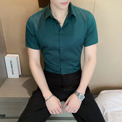 Threebooy Brand Clothing Casual Shirts Men Short Sleeve Solid Business Mens Dress Shirt Button Collar Plain Man's High-end Shirt 4XL