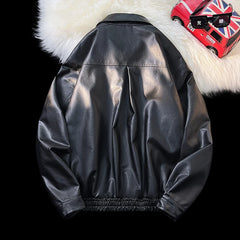 Threebooy Retro Motorcycle Leather Jacket Men's Spring Autumn Pu Jacket Loose Windproof Jackets Zipper Single-breasted Turndown Collar Top