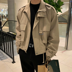 Threebooy Autumn Clothing Men's Luxury Jacket Casual Streetwear Turn-down Collar Pocket Korean Popular Harajuku Retro Long Sleeve Coat