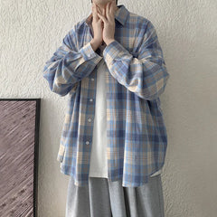Threebooy Men Casual Plaid Loose Long Sleeve Sunscreen Shirt Elegant Turn Collar Shirts And Blouses