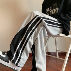 Threebooy Japanese Retro Casual Pants Men's Fitting Straight Leg Pants College Style Wide Striped Patchwork Drawstring Sweatpants Autumn