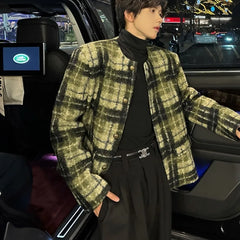 Threebooy Men's Tweed Plaid Blazers Cardigan Autumn Winter Trend Collarless Short Jacket Fashion Green Korean Style Chic Elgance Coat