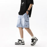 Threebooy Summer Men's Workwear Denim Shorts Retro Fashion Elastic Waist Loose Straight Leg Large Pocket Shorts Brand Men's Clothing