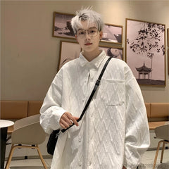 Threebooy Autumn Winter Geometry Long-sleeved Shirt Men Fashion Social Mens Shirts Korean Loose Casual Blouse Men Oversized 5XL-M