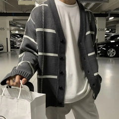 Threebooy Trendy Cardigan Men's Korean Version British Checkered Striped Sweater Men's V-neck Sweater Jacket