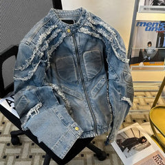 Threebooy Spring Autumn Jeans Coat American Retro Old Concave Embossed Shoulder Pad Denim Jacket Boys Washing with Breasts Dirty Coats Men
