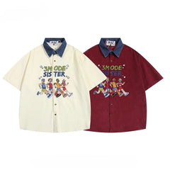 Threebooy Men Women American Retro Athlete Embroidery Spliced Denim Collar Short-sleeved Shirts Trendy Summer Street Casual Loose Blouse