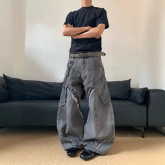 Threebooy Autumn/Winter Korean Vintage Splicing Hairy Zipper Micro Horn Jeans Men's Loose Straight Leg Pants Fashion High Street Jeans