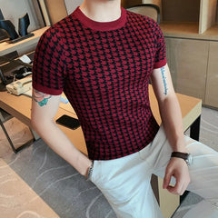 Threebooy Top Quality Plaid Contrast Knitted T-Shirt Men Breathable Pullover Short Sleeve Playera T-Shirts Hombre Slim Fit Sweaters