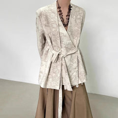 Threebooy Mens Suit Jacket Jacquard Belt Elegant Apricot Suit Neutral Chinese Style Retro Court Style Casual Long-Sleeved Top Unisex