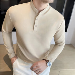 Threebooy Spring Autumn Henry Collar Polo Shirts Men Solid Color SLim Fit Casual Polos Mens Basics Breathable Daily Fashion Pullover Tops
