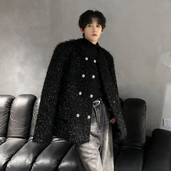 Threebooy Men's Double-breasted Woolen jacket Cardigan Autumn Winter Trend Collarless Jacket Fashion Korean Style Chic Elgance Coat