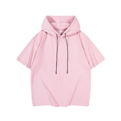 Threebooy Men's Solid Color Hooded Short Sleeve T-shirt Loose Breathable Summer Casual Hoodie