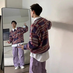 Threebooy Trendy Brand Soft Waxy Sweater for Men and Women Contrasting Colors Long Sleeves Round Neck Loose Casual Couple Pullover Jacket