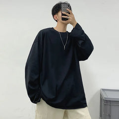 Threebooy Cotton Long Sleeved T-shirt Men Solid Color Round Neck T Shirt Men Streetwear Loose Casual T Shirt Mens Top Large Size 5XL