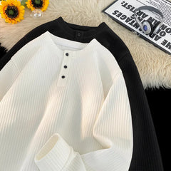 Threebooy Spring NEW Mens Long Sleeve T Shirts Casual Round Neck Tees Button design White Black Undershirts Loose Fit Tshirts