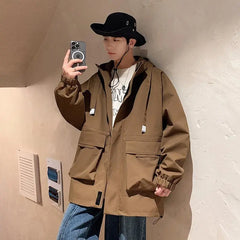 Threebooy Outdoor jacket Streetwear Coffee Cargo Jacket Men Women Spring Harajuku Coat Korean Fashion Big Pocket Loose Casual 4Colors