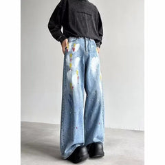 Threebooy Y2K Fashion Painting Graffiti Vintage Blue Baggy New Jeans Pants For Men Clothes Streetwear Hip Hop Denim Trousers