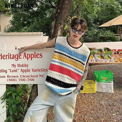 Threebooy Elegant Fashion Harajuku Slim Fit Ropa Hombre Loose Casual All Match Knitwear Stripe Hollow Out Tshirts O Neck Sleeveless Vest