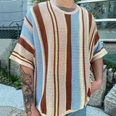 Threebooy Summer New Mens Fashion Knit Pullover Top Male Casual Loose Short Sleeve O Neck Knitted Tee Men Trendy Patchwork Striped T-shirt