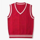Threebooy Striped White Knitted Sweaters for Men Blue Sleeveless Man Clothes V Neck Vest Red Waistcoat Jumpers Sweat-shirt Cigaret Cotton
