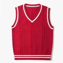 Threebooy Striped White Knitted Sweaters for Men Blue Sleeveless Man Clothes V Neck Vest Red Waistcoat Jumpers Sweat-shirt Cigaret Cotton