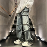 Threebooy Oversize Zipper Workwear Jeans Straight Tube Loose American Plus Size Men's Pants High Street Vibe Trendy Brand Hip-hop