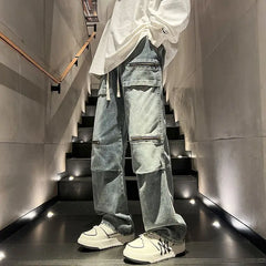 Threebooy Oversize Zipper Workwear Jeans Straight Tube Loose American Plus Size Men's Pants High Street Vibe Trendy Brand Hip-hop