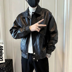 Threebooy Y2k Mens Leather Jacket Zipper Pocket Solid Color Leather Jacket Autumn Casual Slim Fit Thick Top Men's Clothing Unisex