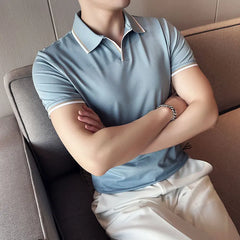 Threebooy Summer New Style Men's Casual Slim Fit Short Sleeve Solid Color POLO Shirt British Slim Lapel Color Blue T-shirt Polo S-4XL