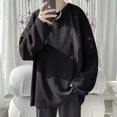 Threebooy Autumn Men's V-neck Long Sleeve T-shirts New Solid Color Jacquard Waffle Pullover Tops High Street Fashion Breathable Tee Shirts